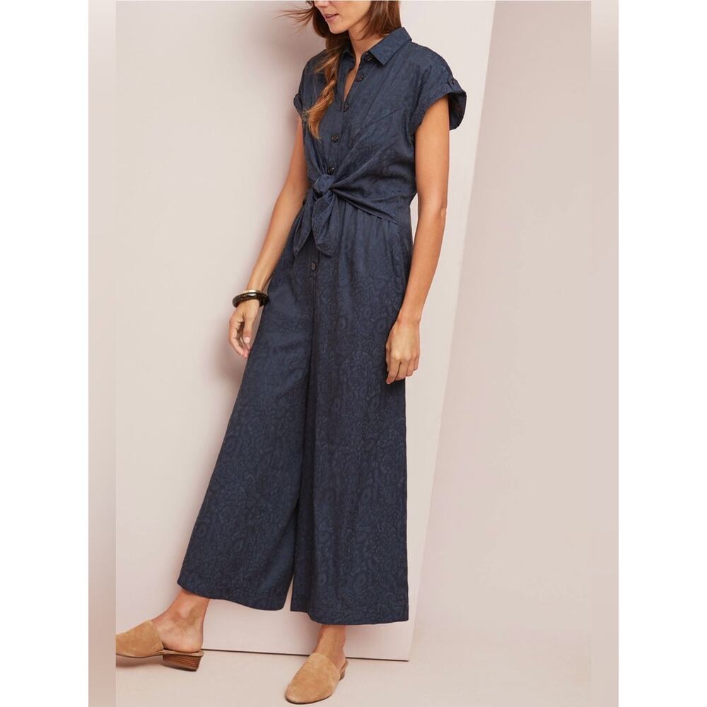 Ett:Twa Anthropologie Navy Patterned James Tie-Waist Jumpsuit Size 2 - Picture 2 of 12